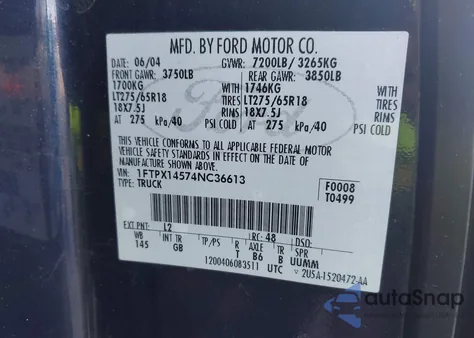 2004 Ford F-150 Fx4/Lariat/Xl/Xlt из США, поврежденный, VIN 1FTPX14574NC36613